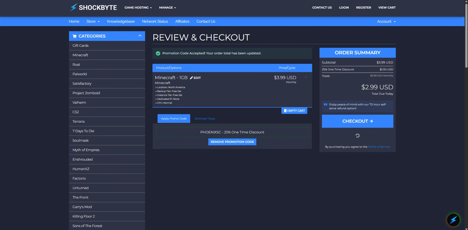 Shockbyte checkout page showing Shockbyte promo code box | Screenshot taken by SimplyCodes community member on Feb 3, 2026