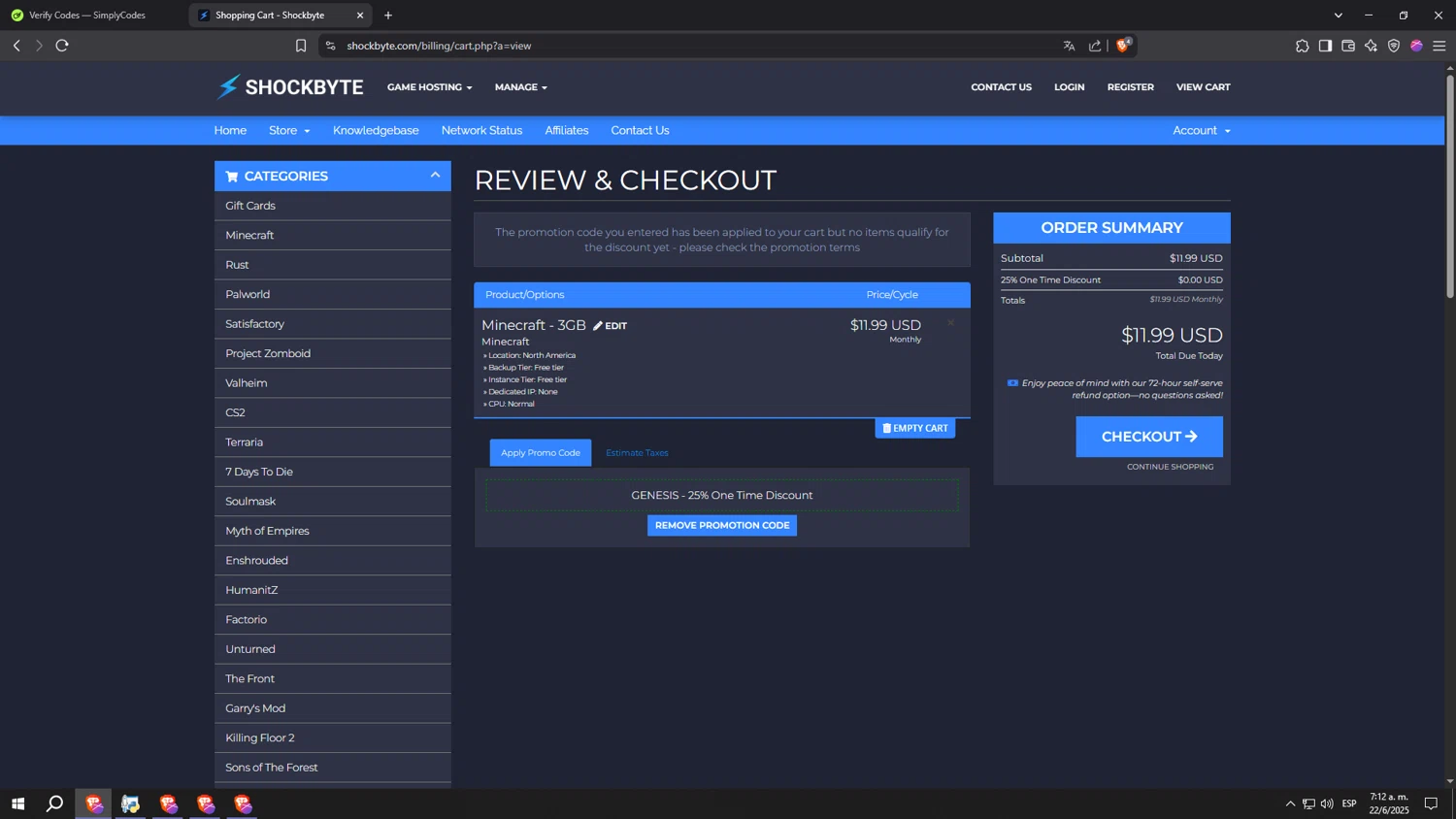 Shockbyte promo code screenshot showing code GENESIS applied at Shockbyte checkout page. Uploaded by SimplyCodes community member kkkkkkkkkkkkkkkkkkkk on Jun 22, 2025