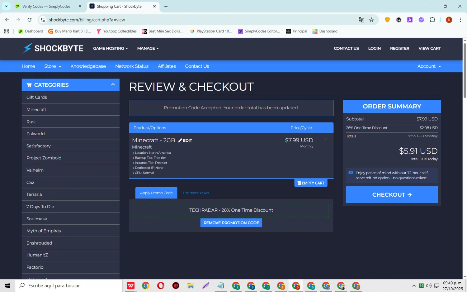 Shockbyte promo code screenshot showing code TECHRADAR applied at Shockbyte checkout page. Uploaded by SimplyCodes community member SaleSaver3540 on Oct 28, 2025