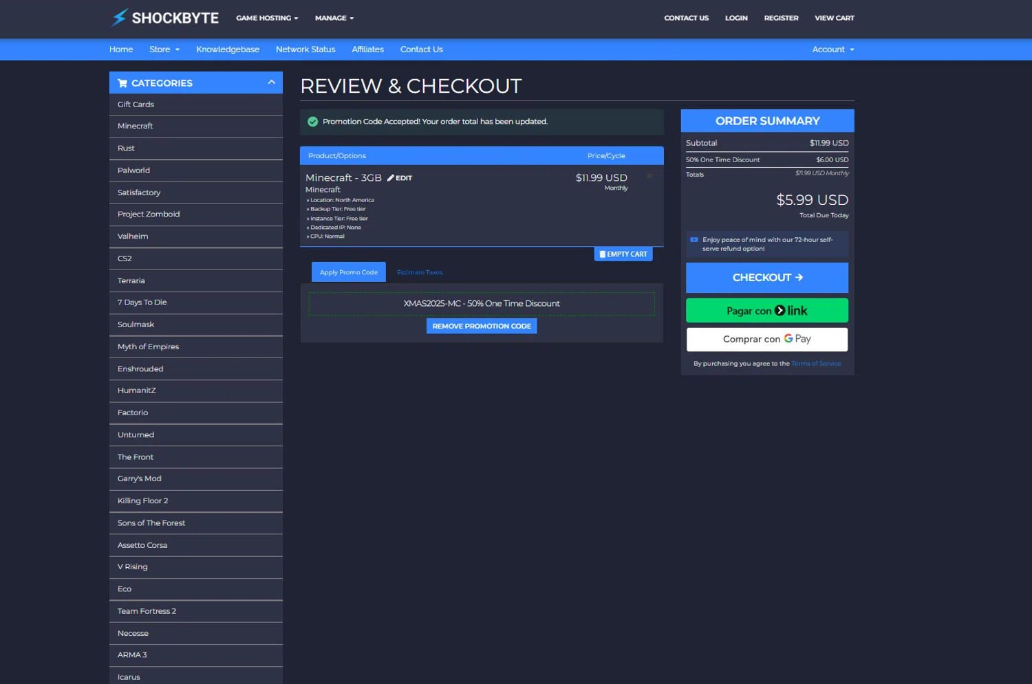 Shockbyte promo code screenshot showing code XMAS2025-MC applied at Shockbyte checkout page. Uploaded by SimplyCodes community member reggiesmith on Feb 5, 2026