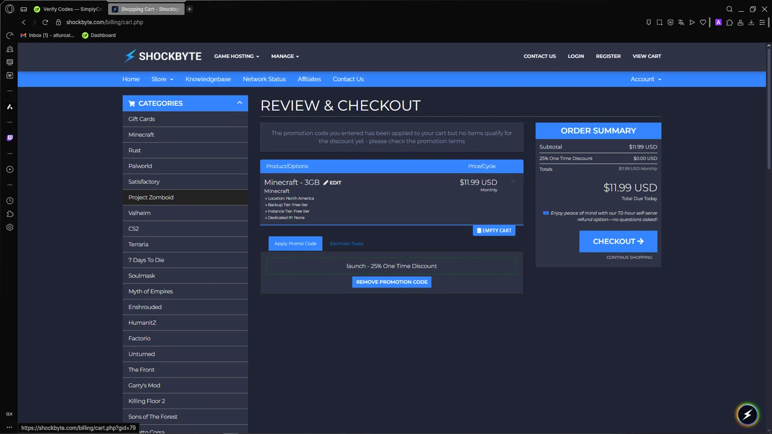 Shockbyte promo code screenshot showing code launch applied at Shockbyte checkout page. Uploaded by SimplyCodes community member CleverSage7079 on Jul 18, 2025