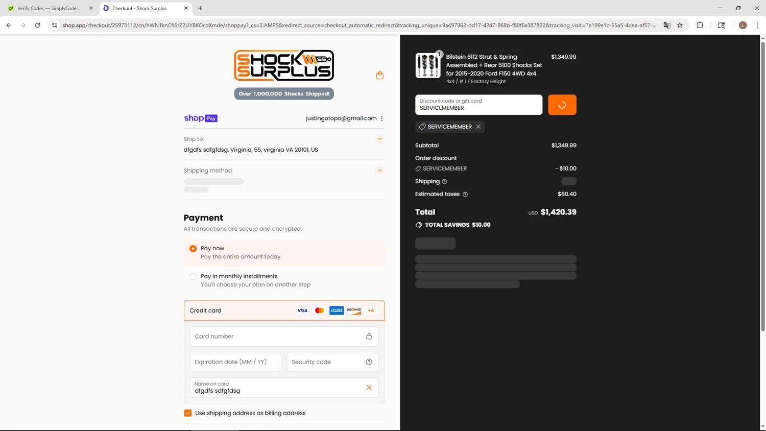 Shock Surplus discount code screenshot showing code SERVICEMEMBER applied at Shock Surplus checkout page. Uploaded by SimplyCodes community member BENELLI on Aug 13, 2025