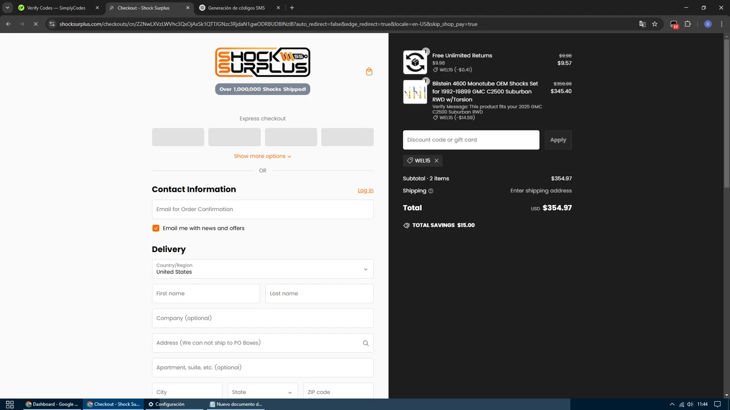 Shock Surplus discount code screenshot showing code WEL15 applied at Shock Surplus checkout page. Uploaded by SimplyCodes community member Dennyguillermo on Feb 22, 2025