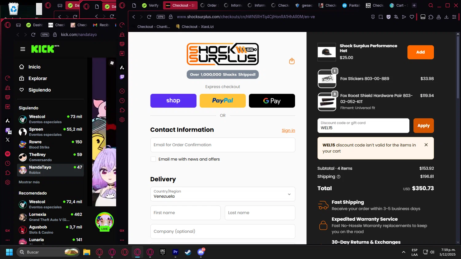Shock Surplus discount code screenshot showing code WEL15 applied at Shock Surplus checkout page. Uploaded by SimplyCodes community member Halanweik on Dec 5, 2025