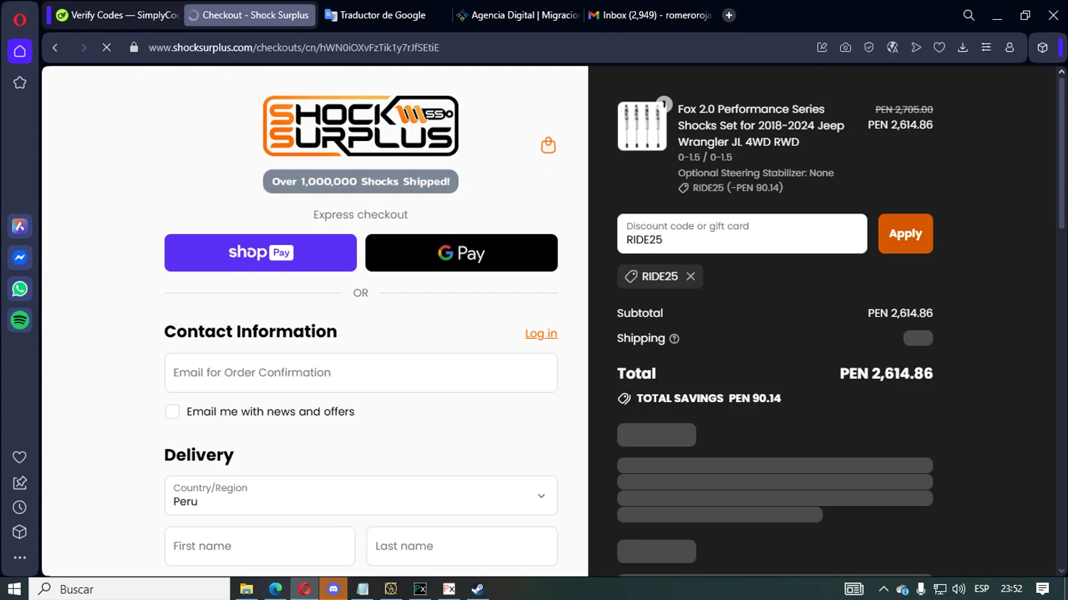 Shock Surplus discount code screenshot showing code RIDE25 applied at Shock Surplus checkout page. Uploaded by SimplyCodes community member LegendaryEagle421 on Jul 17, 2025