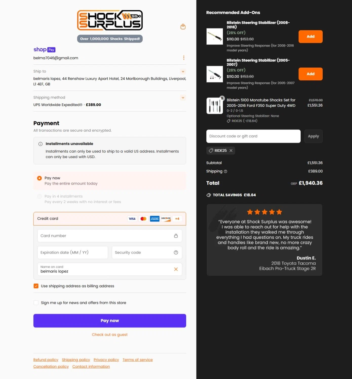 Shock Surplus discount code screenshot showing code RIDE25 applied at Shock Surplus checkout page. Uploaded by SimplyCodes community member belma123 on Jun 12, 2025
