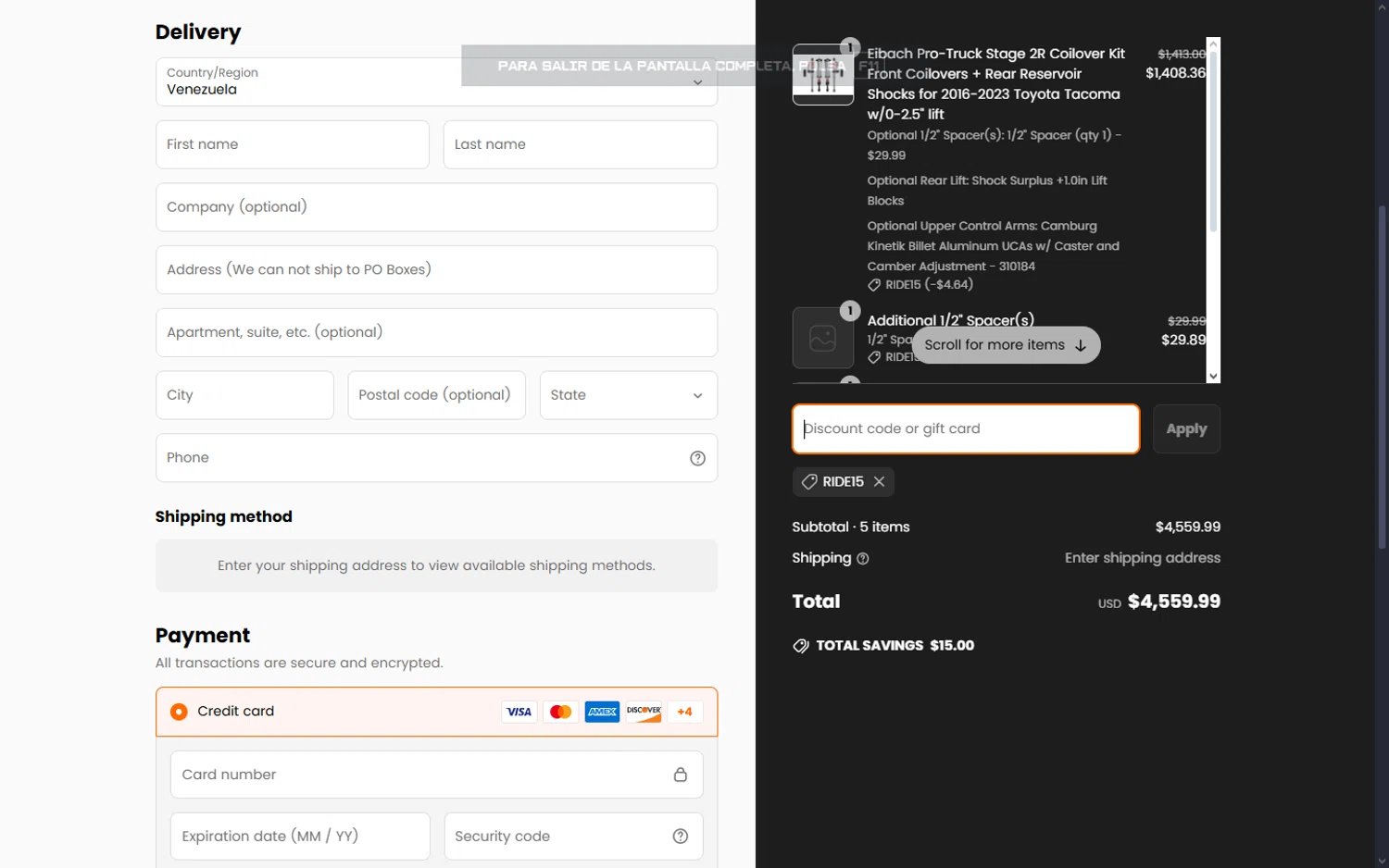 Shock Surplus discount code screenshot showing code RIDE15 applied at Shock Surplus checkout page. Uploaded by SimplyCodes community member GAPP3003 on Apr 4, 2025