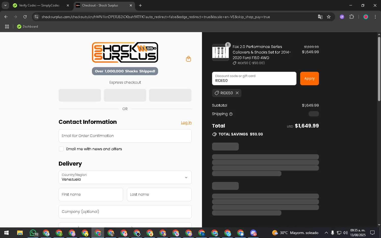 Shock Surplus discount code screenshot showing code RIDE50 applied at Shock Surplus checkout page. Uploaded by SimplyCodes community member GoldSentinel6680 on Aug 13, 2025