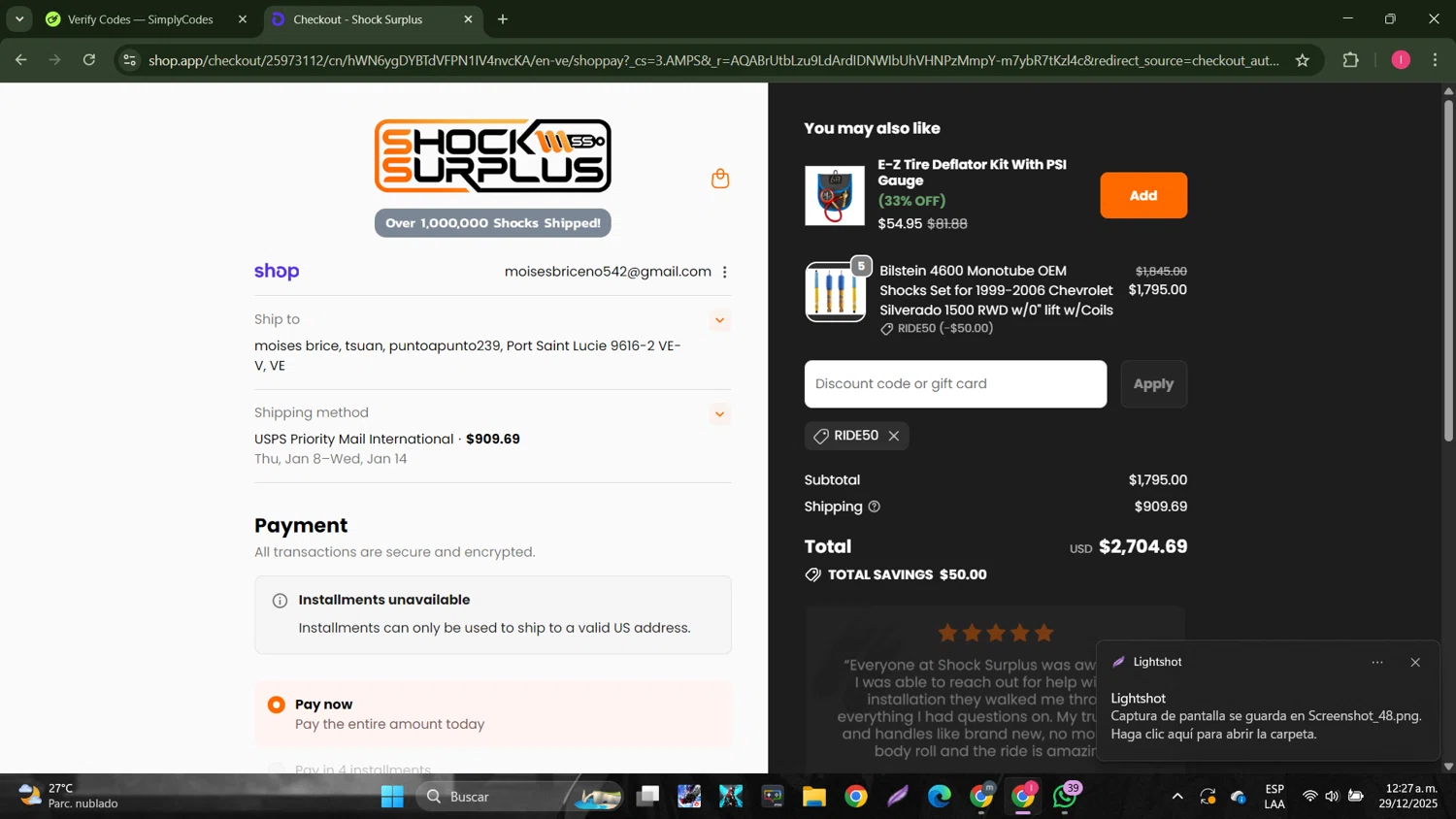 Shock Surplus discount code screenshot showing code RIDE50 applied at Shock Surplus checkout page. Uploaded by SimplyCodes community member MightyGuardian8404 on Dec 29, 2025