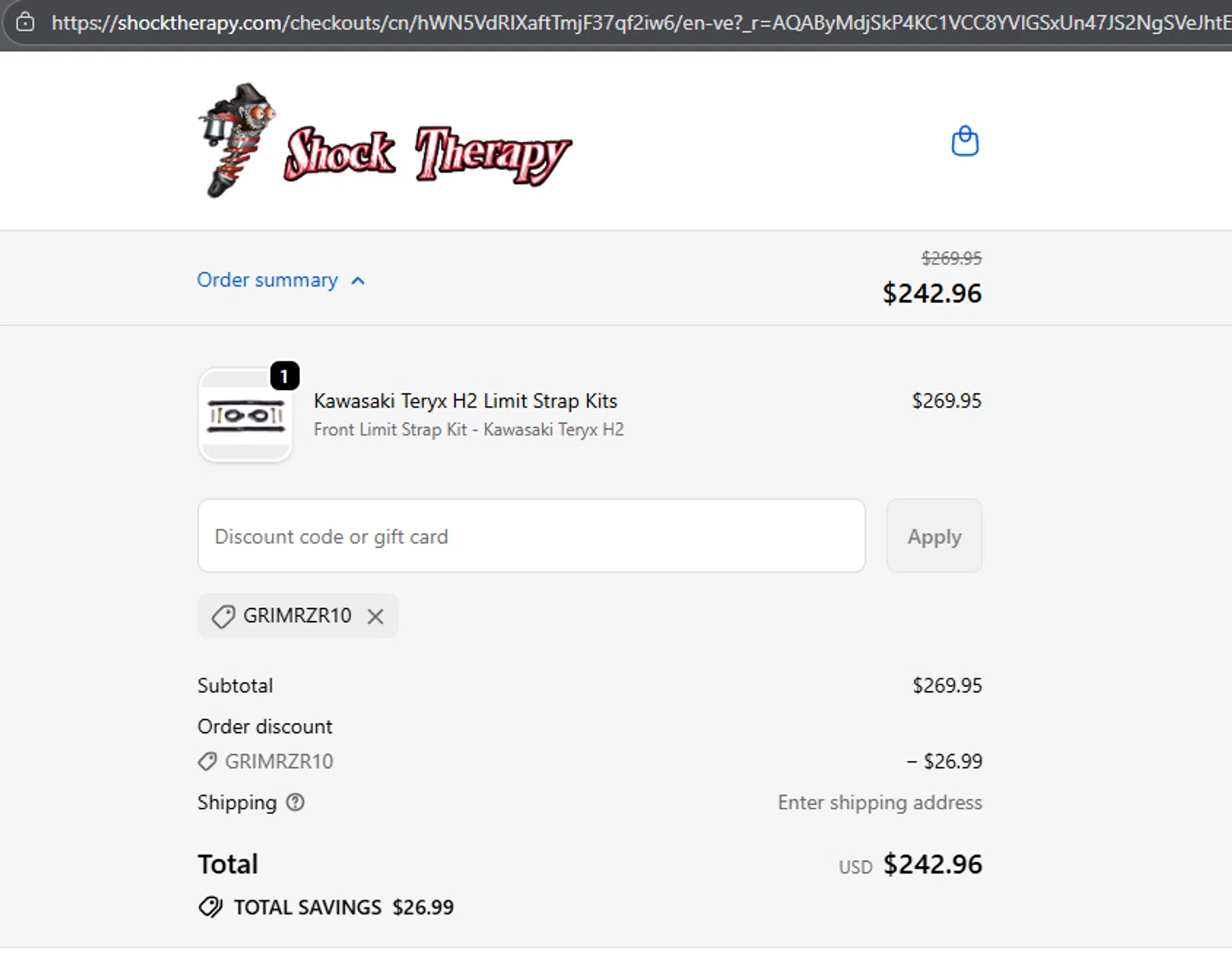 Shock Therapy discount code screenshot showing code GRIMRZR10 applied at Shock Therapy checkout page. Uploaded by SimplyCodes community member BorgeZzz on Nov 20, 2025