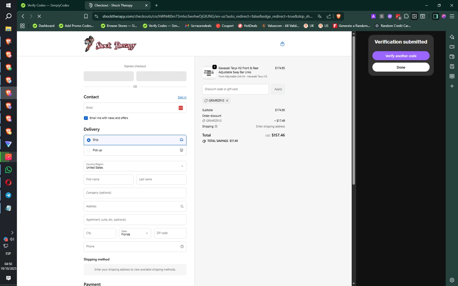 Shock Therapy discount code screenshot showing code GRIMRZR10 applied at Shock Therapy checkout page. Uploaded by SimplyCodes community member jMoya06 on Oct 19, 2025