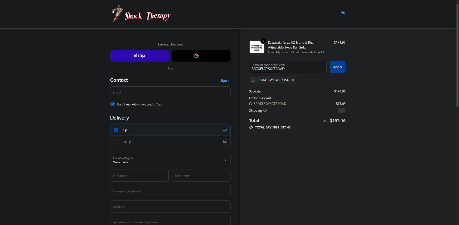 Shock Therapy discount code screenshot showing code BROKEBOYSOFFROAD applied at Shock Therapy checkout page. Uploaded by SimplyCodes community member CrownExpert4084 on Dec 29, 2025