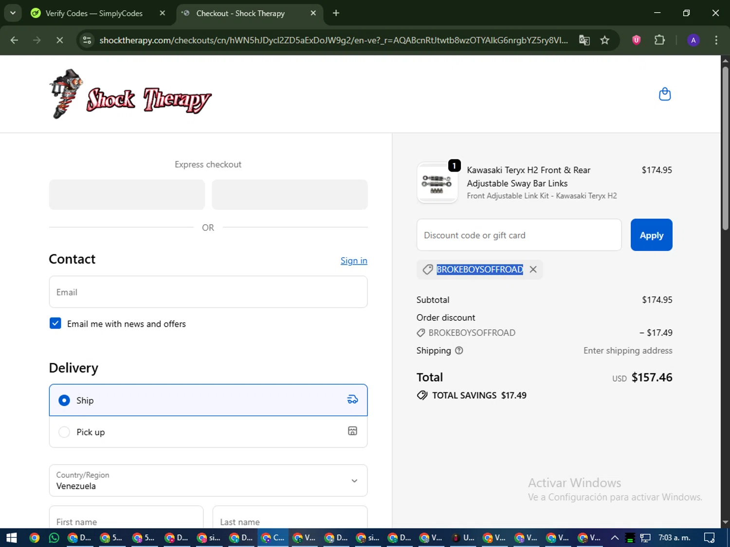 Shock Therapy discount code screenshot showing code BROKEBOYSOFFROAD applied at Shock Therapy checkout page. Uploaded by SimplyCodes community member MagnificentWarden4603 on Nov 25, 2025