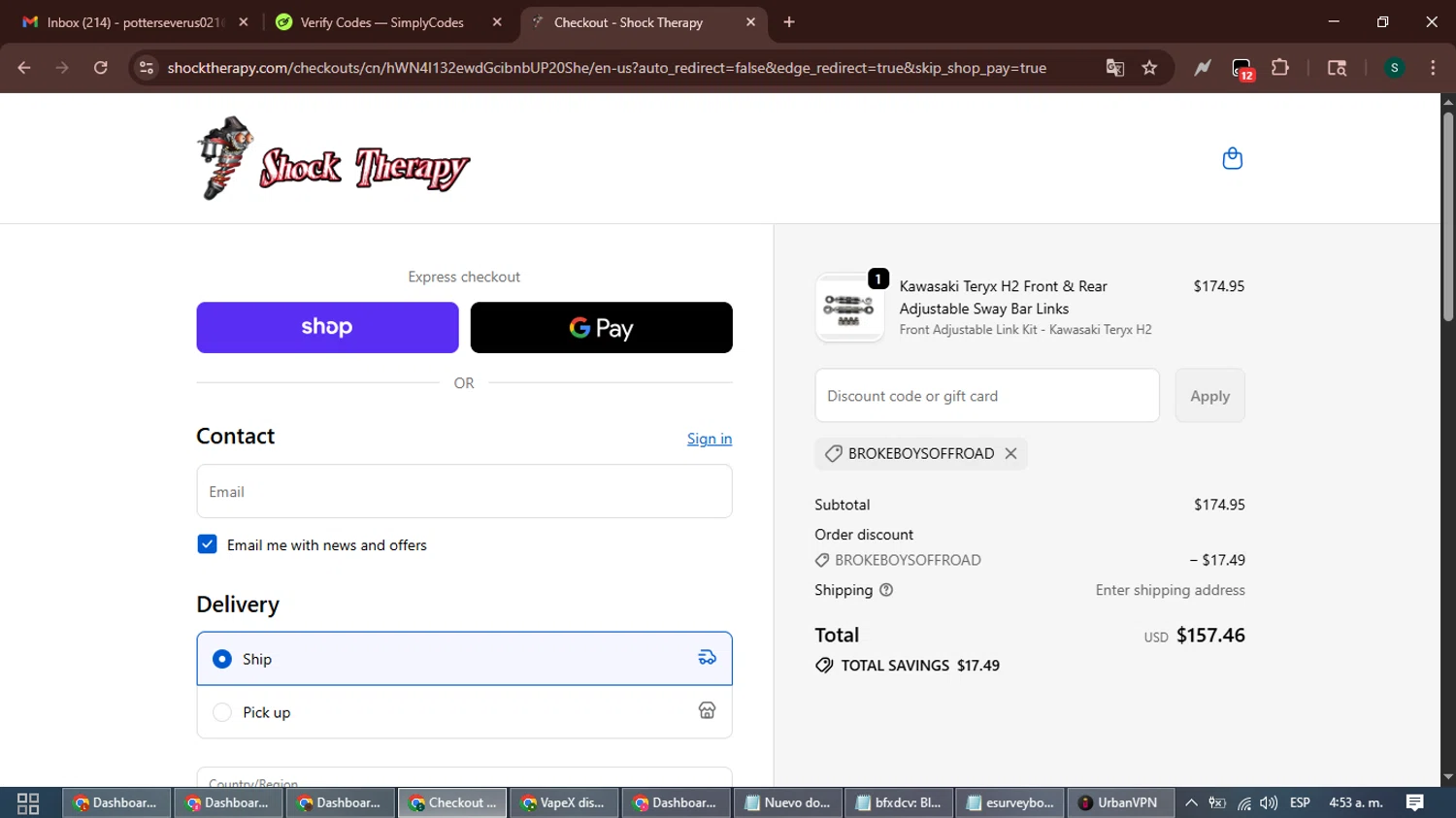Shock Therapy discount code screenshot showing code BROKEBOYSOFFROAD applied at Shock Therapy checkout page. Uploaded by SimplyCodes community member ShrewdAce7935 on Oct 19, 2025