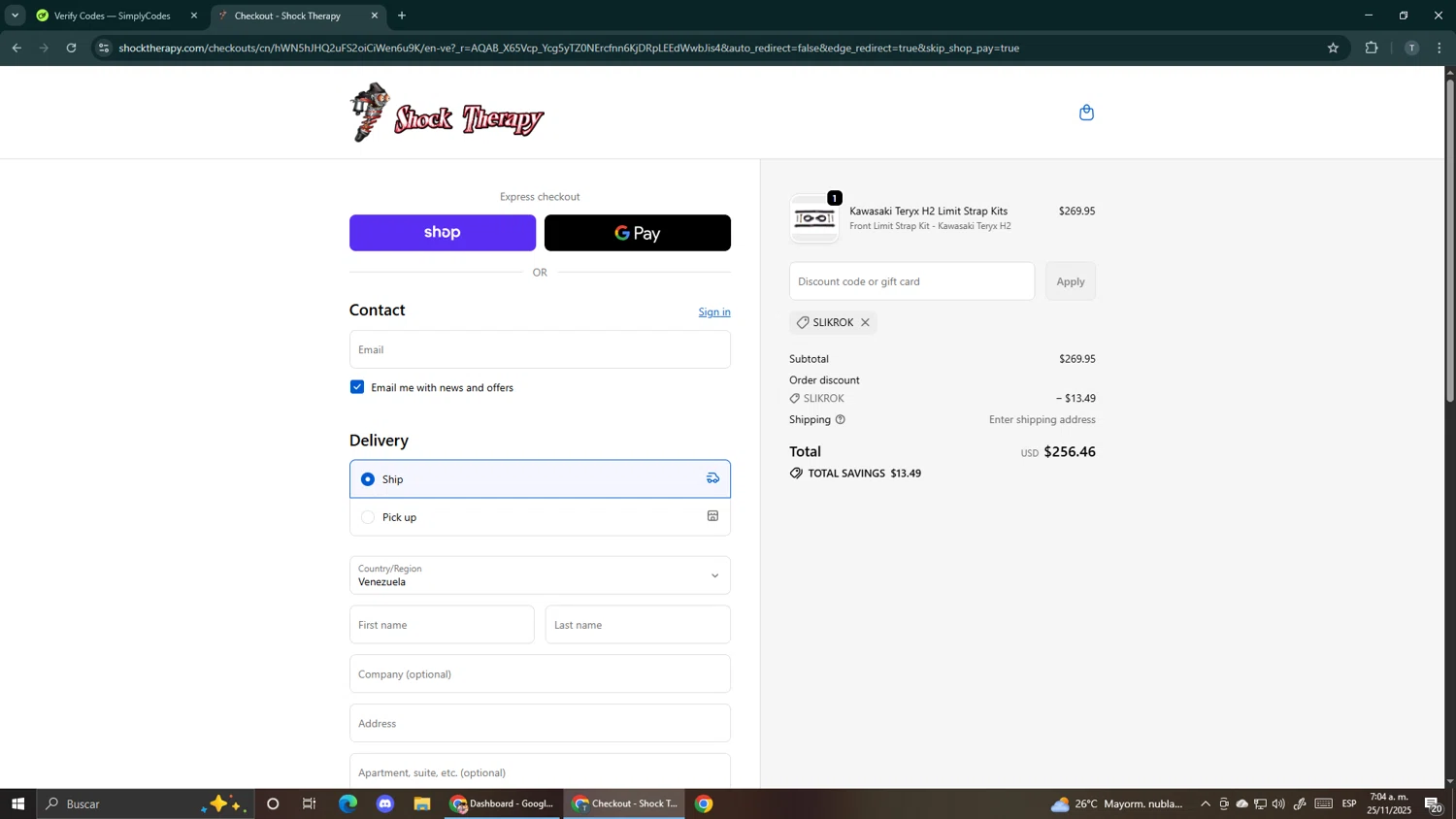 Shock Therapy discount code screenshot showing code SLIKROK applied at Shock Therapy checkout page. Uploaded by SimplyCodes community member Makemusic on Nov 25, 2025