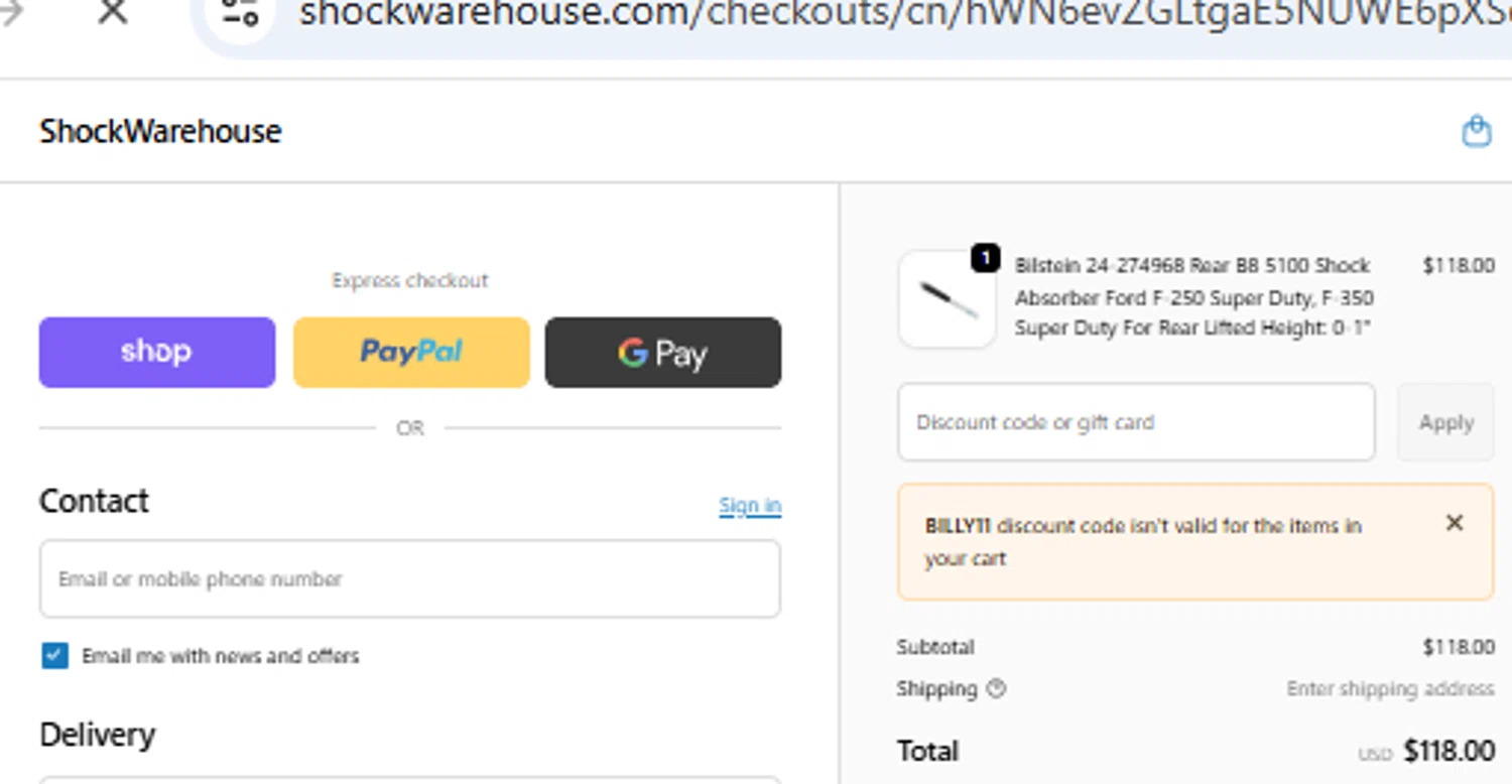 Shock Warehouse discount code screenshot showing code BILLY11 applied at Shock Warehouse checkout page. Uploaded by SimplyCodes community member PennyOwl2559 on Dec 20, 2025