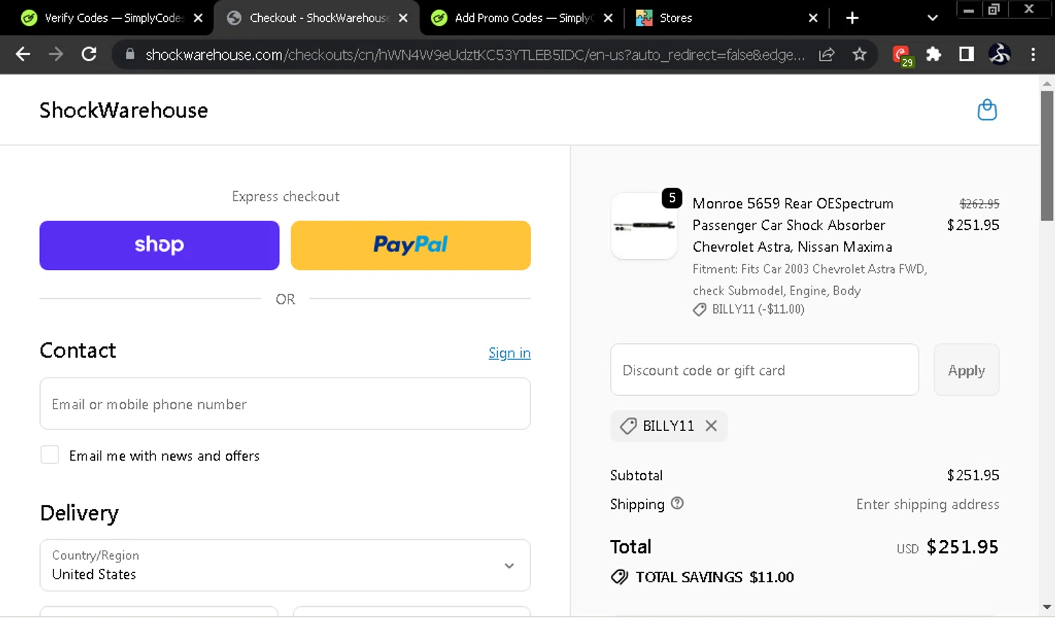 Shock Warehouse discount code screenshot showing code BILLY11 applied at Shock Warehouse checkout page. Uploaded by SimplyCodes community member SwiftOwl697 on Oct 25, 2025
