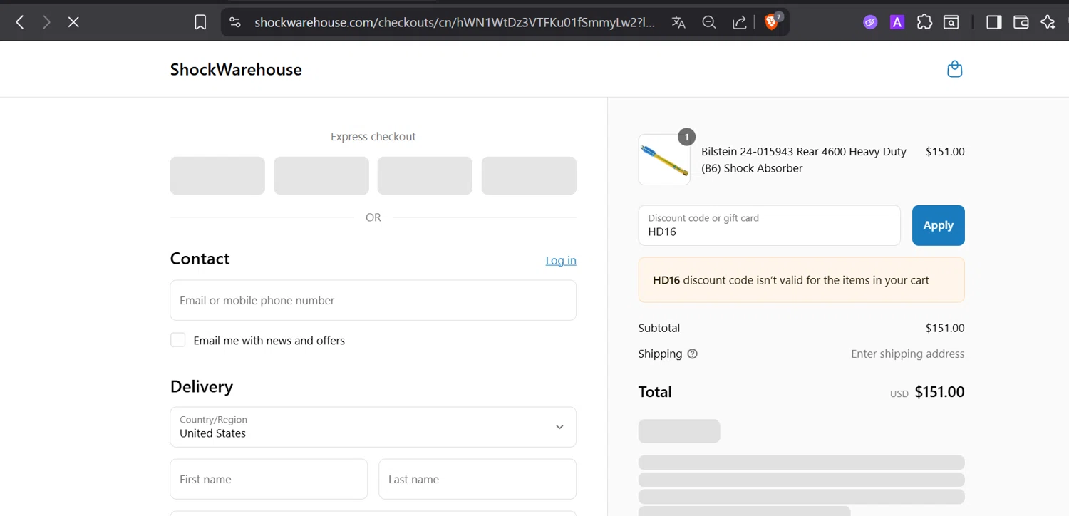 Shock Warehouse discount code screenshot showing code HD16 applied at Shock Warehouse checkout page. Uploaded by SimplyCodes community member CoinOwl5103 on Aug 7, 2025