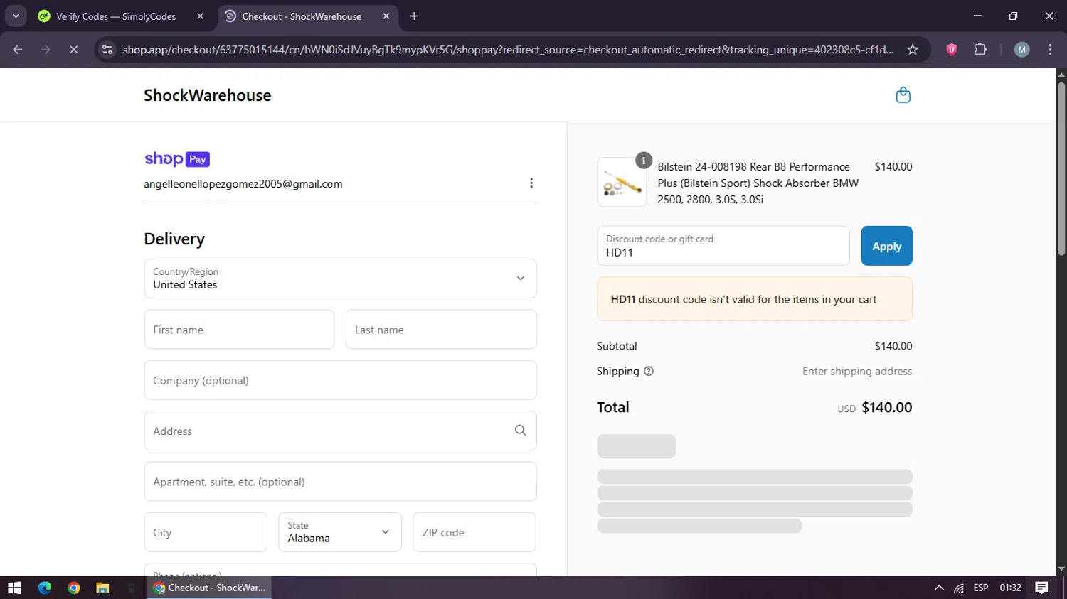 Shock Warehouse discount code screenshot showing code HD11 applied at Shock Warehouse checkout page. Uploaded by SimplyCodes community member maraxo on Jul 17, 2025