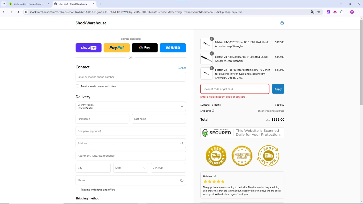 Shock Warehouse discount code screenshot showing code FEB99 applied at Shock Warehouse checkout page. Uploaded by SimplyCodes community member TokenChaser4876 on Mar 5, 2025