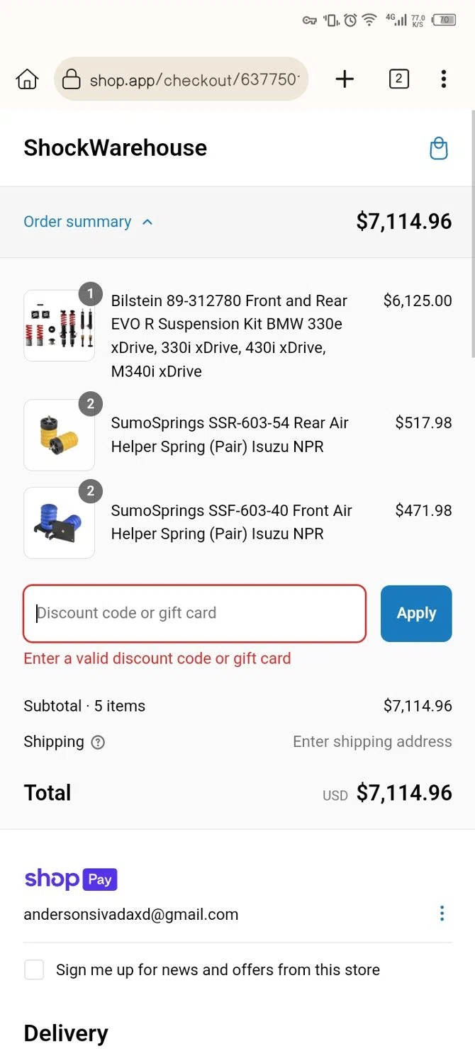 Shock Warehouse discount code screenshot showing code FEB99 applied at Shock Warehouse checkout page. Uploaded by SimplyCodes community member Xx_Cogeburras3000_xX on Mar 5, 2025