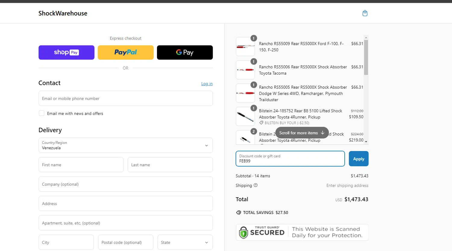 Shock Warehouse discount code screenshot showing code FEB99 applied at Shock Warehouse checkout page. Uploaded by SimplyCodes community member ShieldTitan9442 on Mar 5, 2025