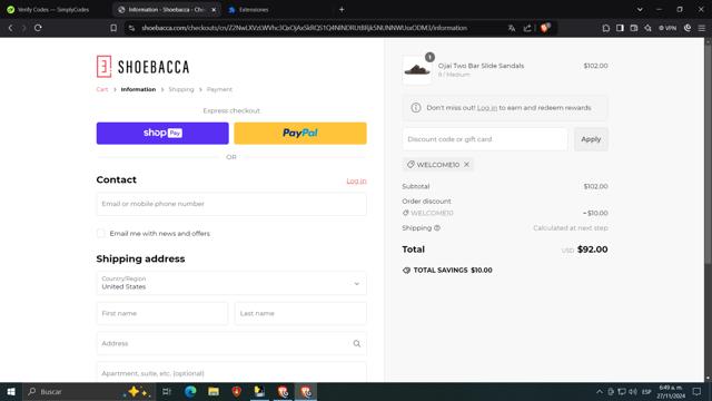 Shoebacca checkout page showing Shoebacca promo code box | Screenshot taken by SimplyCodes community member on Nov 27, 2024