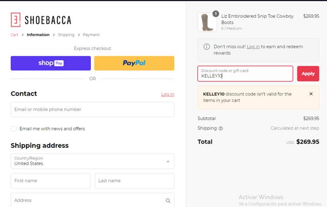 Shoebacca checkout page showing Shoebacca promo code box | Screenshot taken by SimplyCodes community member on Nov 2, 2024