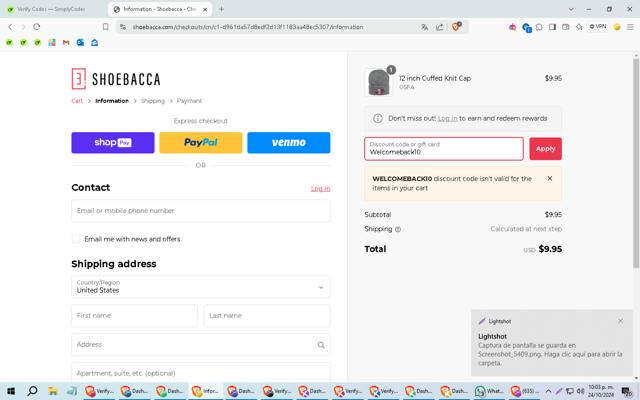 Shoebacca checkout page showing Shoebacca promo code box | Screenshot taken by SimplyCodes community member on Oct 25, 2024