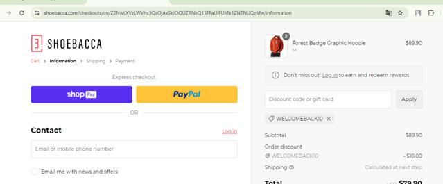 Shoebacca checkout page showing Shoebacca promo code box | Screenshot taken by SimplyCodes community member on Nov 2, 2024