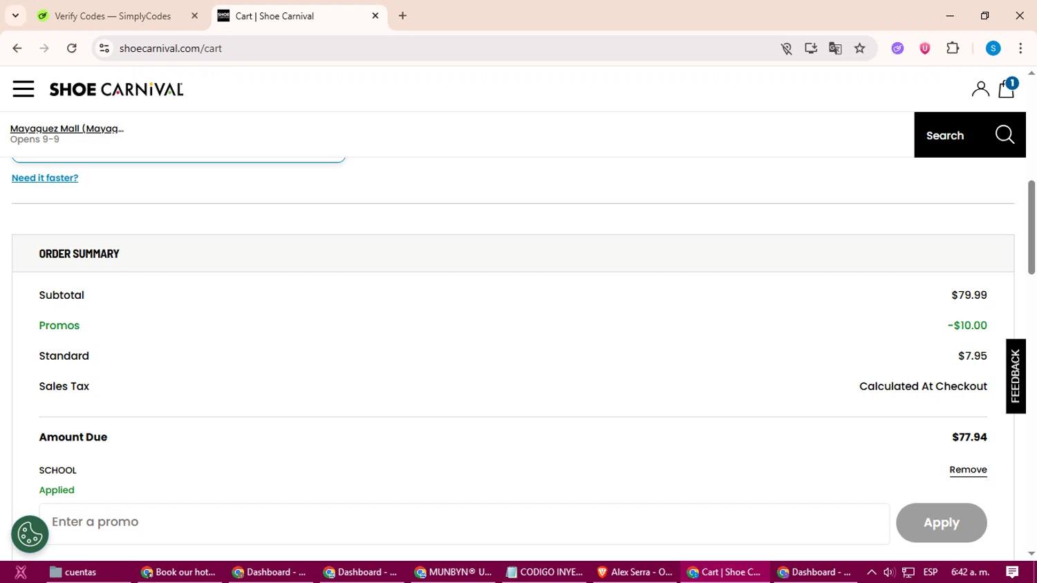 Shoe Carnival promo code screenshot showing code SCHOOL applied at Shoe Carnival checkout page. Uploaded by SimplyCodes community member uleesesv on Aug 18, 2025