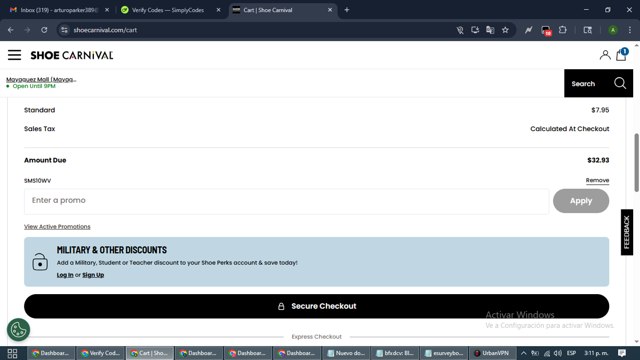Shoe Carnival checkout page showing Shoe Carnival promo code box | Screenshot taken by SimplyCodes community member on Aug 29, 2025