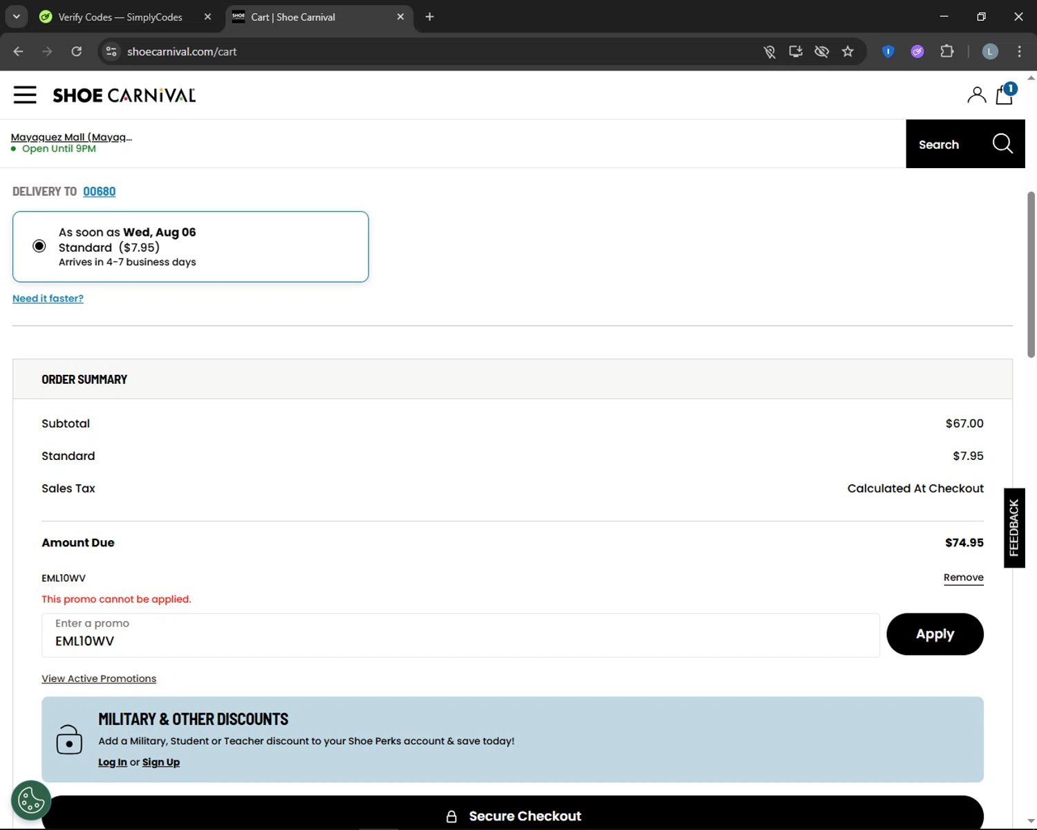 Shoe Carnival promo code screenshot showing code EML10WV applied at Shoe Carnival checkout page. Uploaded by SimplyCodes community member CashTracker4266 on Aug 2, 2025