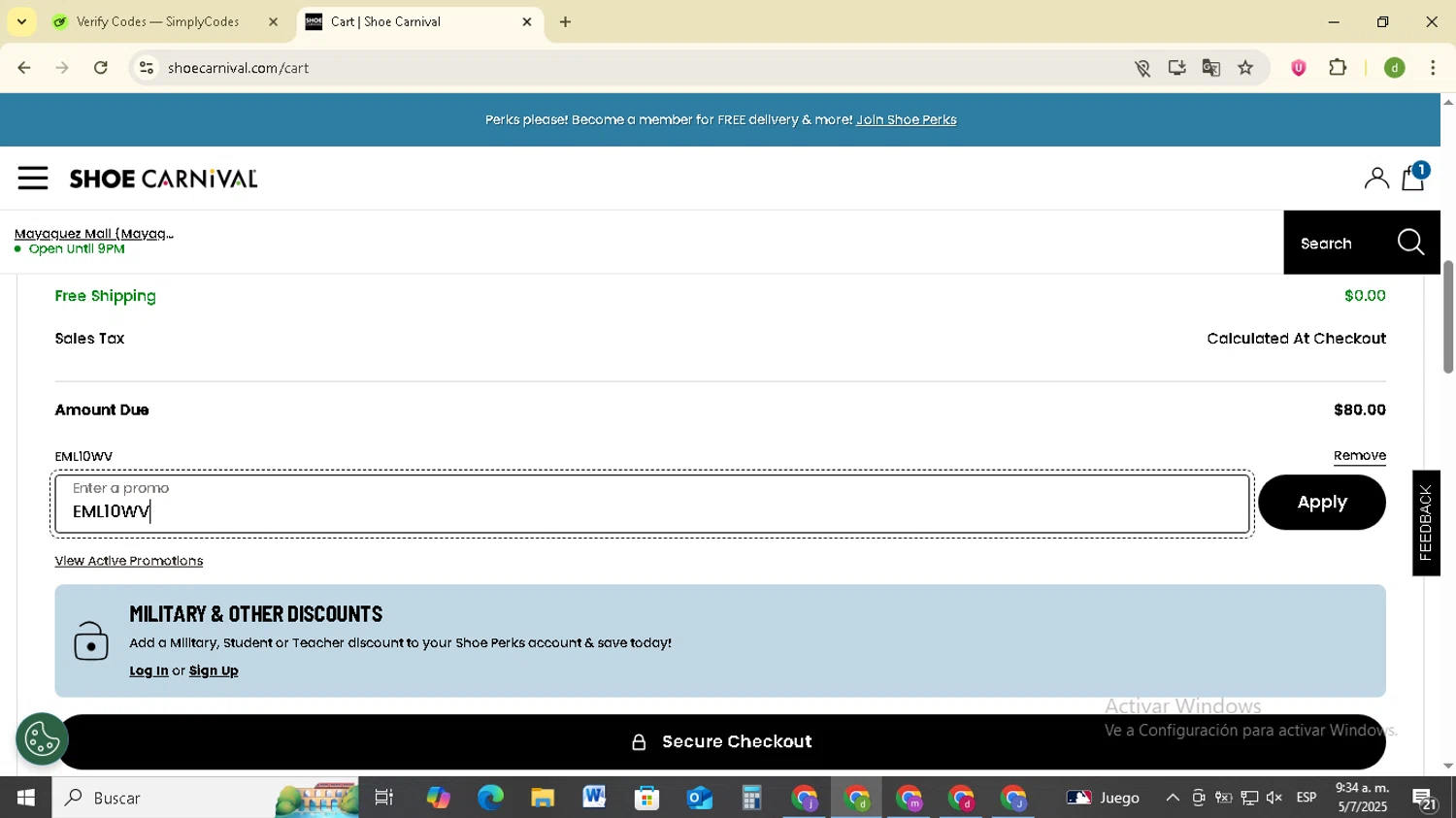 Shoe Carnival promo code screenshot showing code EML10WV applied at Shoe Carnival checkout page. Uploaded by SimplyCodes community member SavingsSentinel833 on Jul 5, 2025