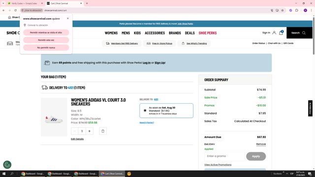 Shoe Carnival checkout page showing Shoe Carnival promo code box | Screenshot taken by SimplyCodes community member on Aug 27, 2025