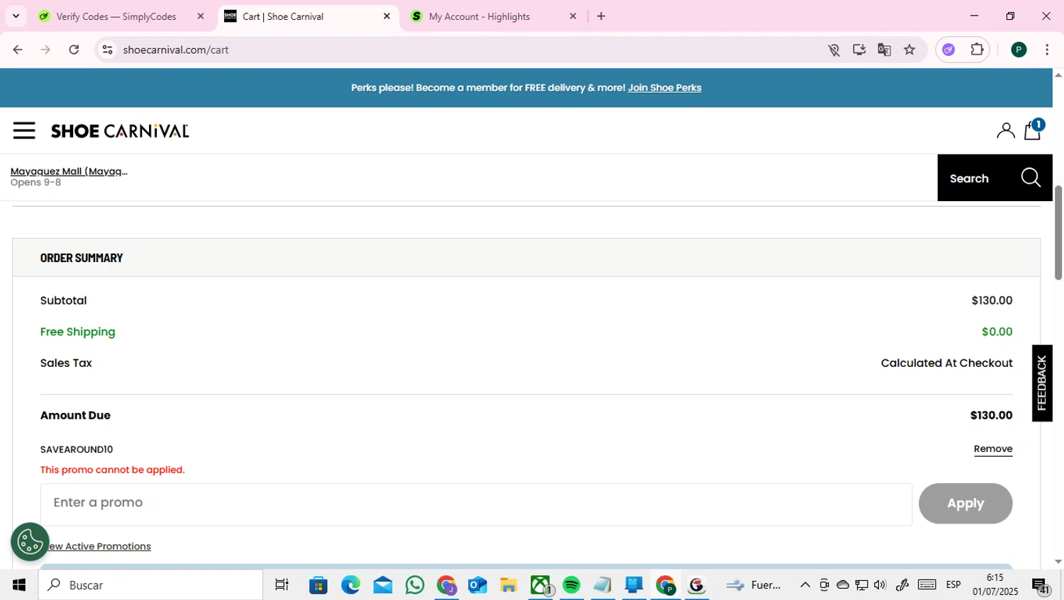 Shoe Carnival promo code screenshot showing code SAVEAROUND10 applied at Shoe Carnival checkout page. Uploaded by SimplyCodes community member RoyalAdmiral4824 on Jul 1, 2025