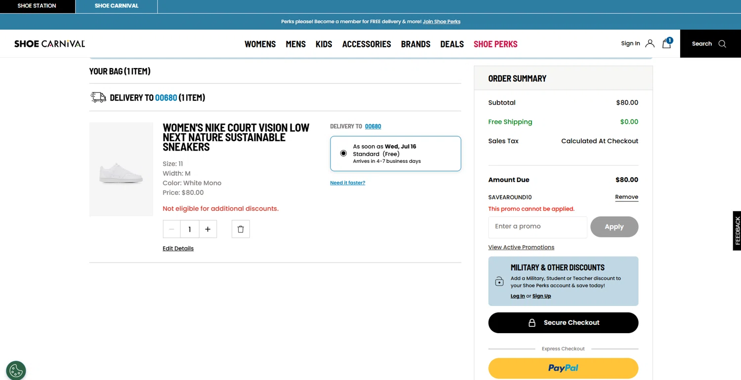 Shoe Carnival promo code screenshot showing code SAVEAROUND10 applied at Shoe Carnival checkout page. Uploaded by SimplyCodes community member WiseDefender6803 on Jul 12, 2025