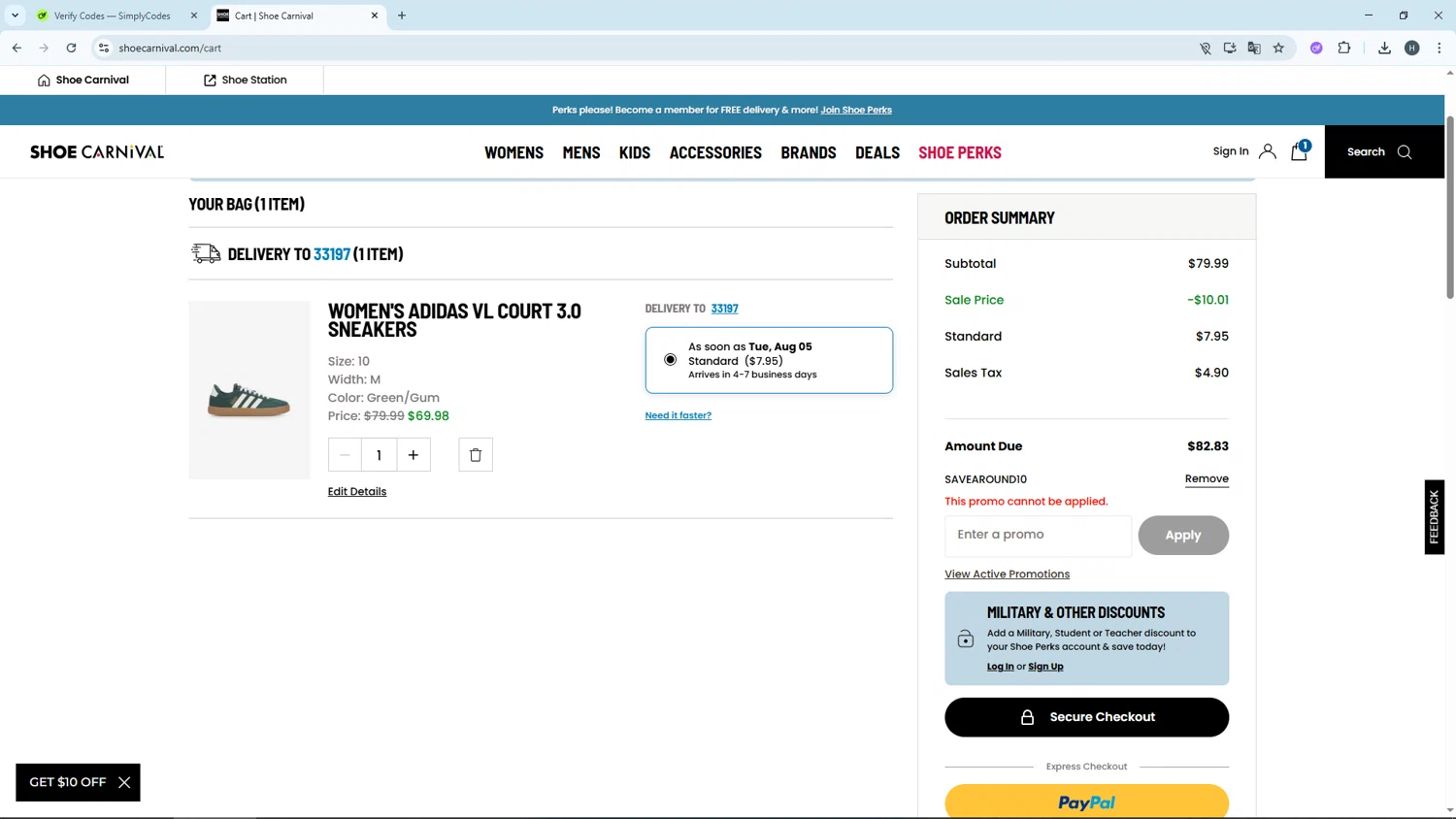 Shoe Carnival promo code screenshot showing code SAVEAROUND10 applied at Shoe Carnival checkout page. Uploaded by SimplyCodes community member YAMAHA on Aug 2, 2025