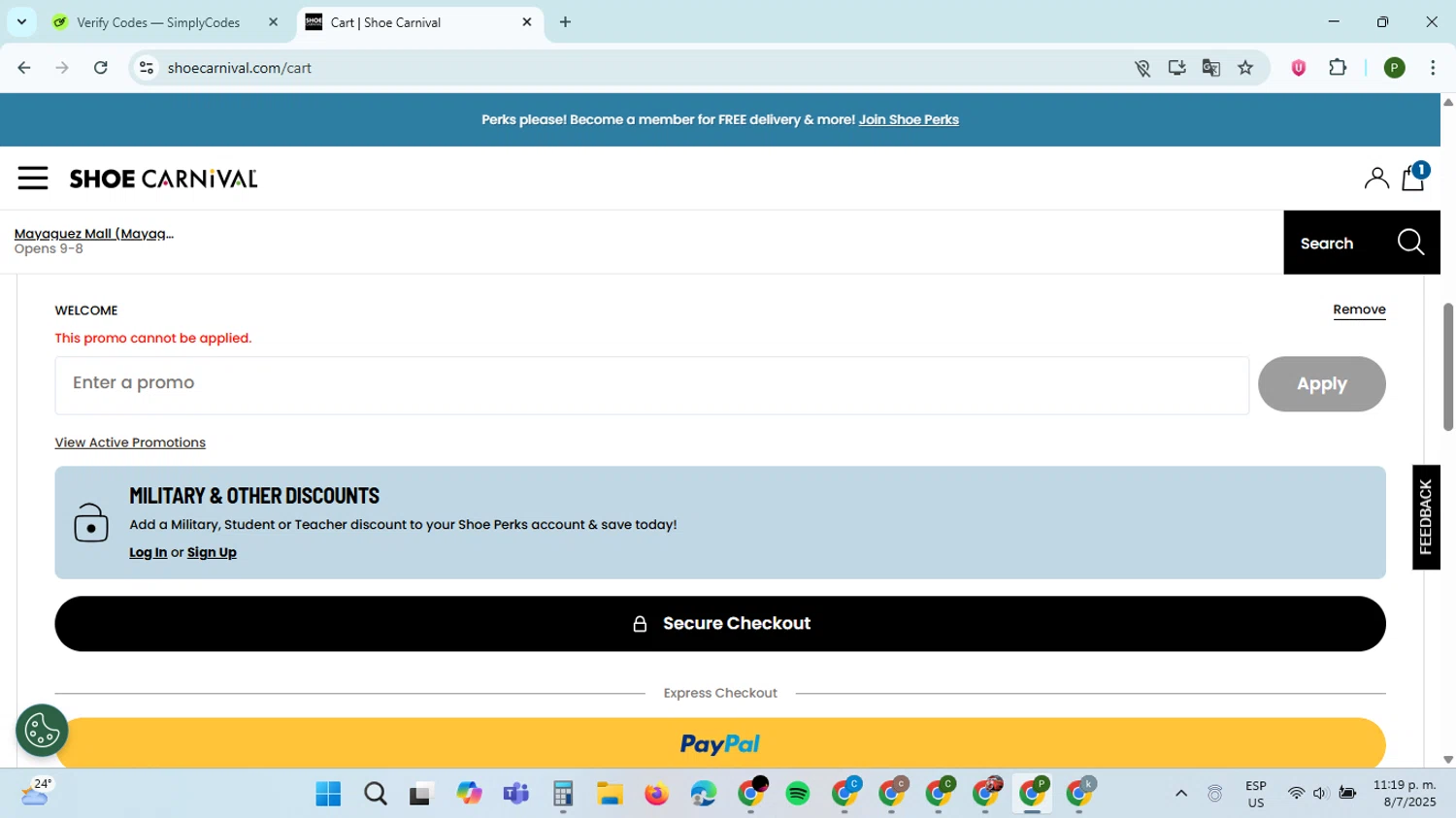 Shoe Carnival promo code screenshot showing code WELCOME applied at Shoe Carnival checkout page. Uploaded by SimplyCodes community member ThriftySpotter5396 on Jul 9, 2025