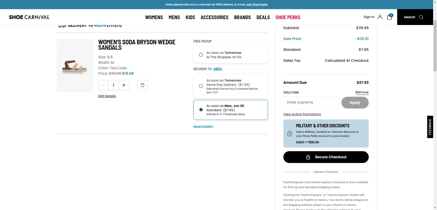 Shoe Carnival promo code screenshot showing code WELCOME applied at Shoe Carnival checkout page. Uploaded by SimplyCodes community member ValiantAce1810 on Jun 26, 2025