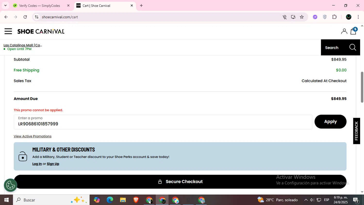 Shoe Carnival promo code screenshot showing code LR90686101857999 applied at Shoe Carnival checkout page. Uploaded by SimplyCodes community member BargainWizard5755 on Aug 24, 2025