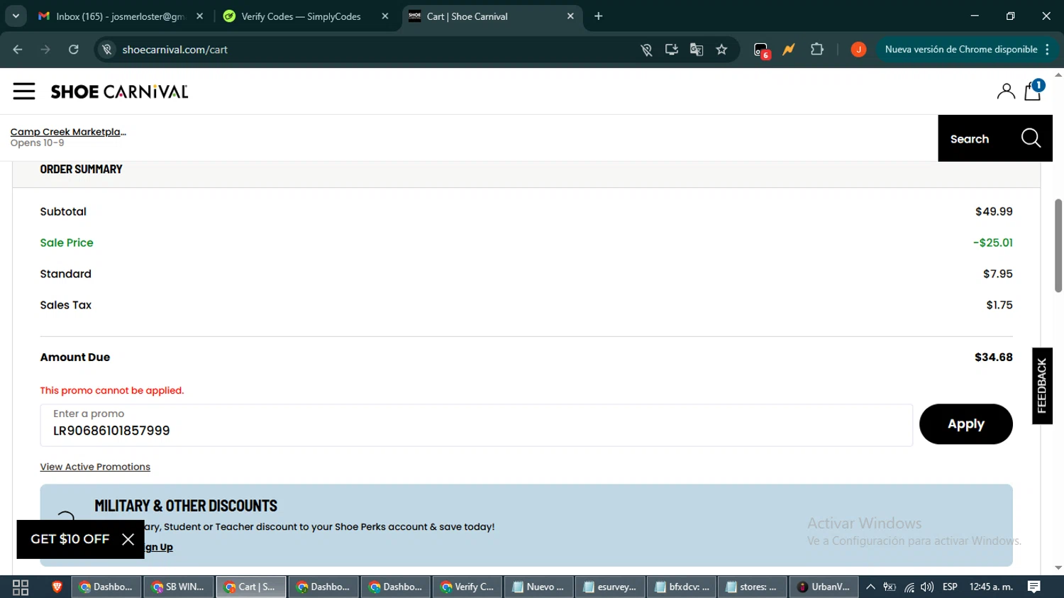 Shoe Carnival promo code screenshot showing code LR90686101857999 applied at Shoe Carnival checkout page. Uploaded by SimplyCodes community member NobleAce2304 on Aug 24, 2025