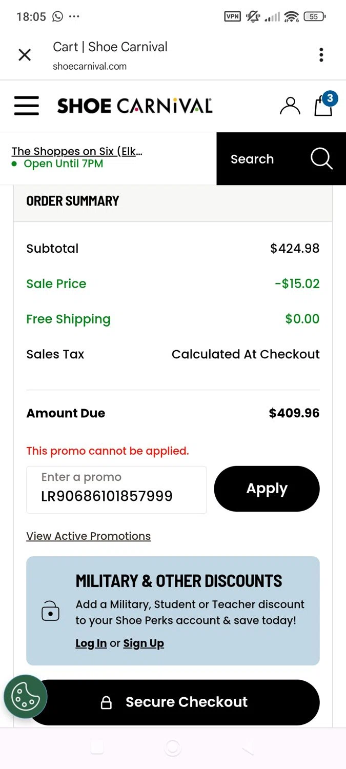 Shoe Carnival promo code screenshot showing code LR90686101857999 applied at Shoe Carnival checkout page. Uploaded by SimplyCodes community member ShieldWhiz4659 on Aug 24, 2025