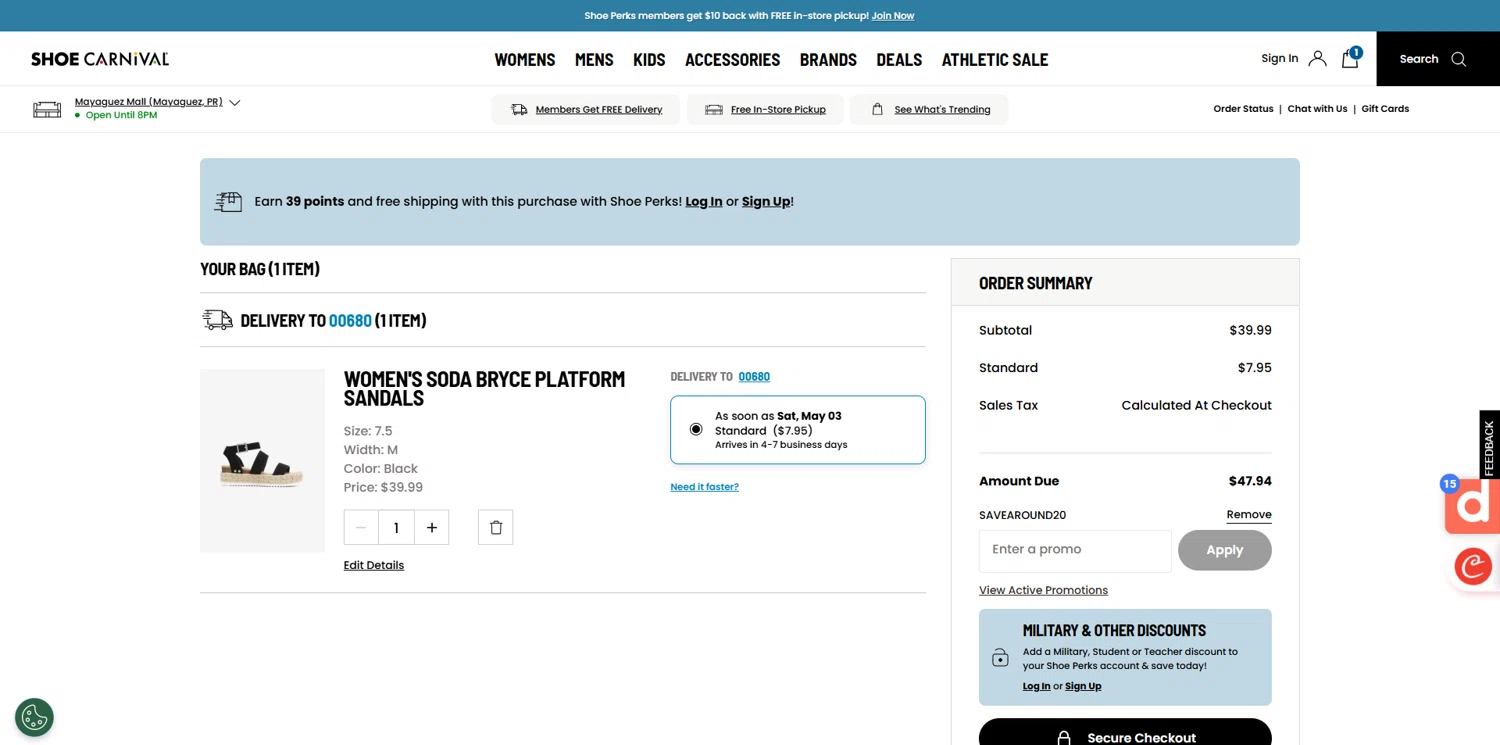 Shoe Carnival promo code screenshot showing code SAVEAROUND20 applied at Shoe Carnival checkout page. Uploaded by SimplyCodes community member Dorothy on Apr 30, 2025