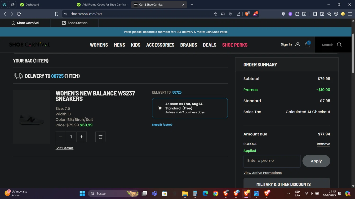 Shoe Carnival promo code screenshot showing code SCHOOL applied at Shoe Carnival checkout page. Uploaded by SimplyCodes community member PennyScholar593 on Aug 10, 2025