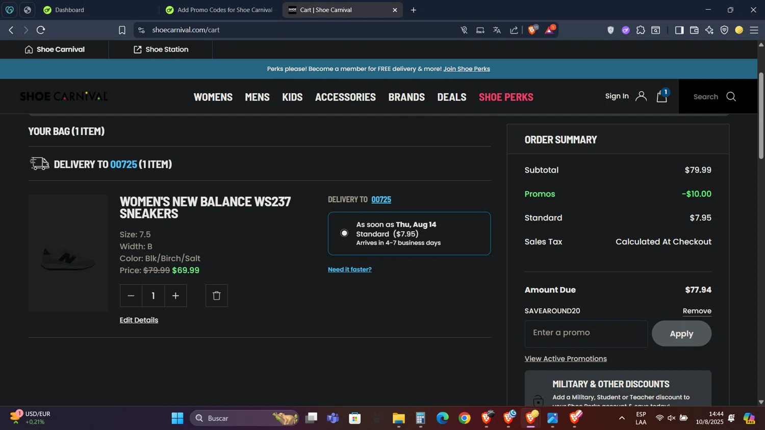 Shoe Carnival promo code screenshot showing code SAVEAROUND20 applied at Shoe Carnival checkout page. Uploaded by SimplyCodes community member PennyScholar593 on Aug 10, 2025