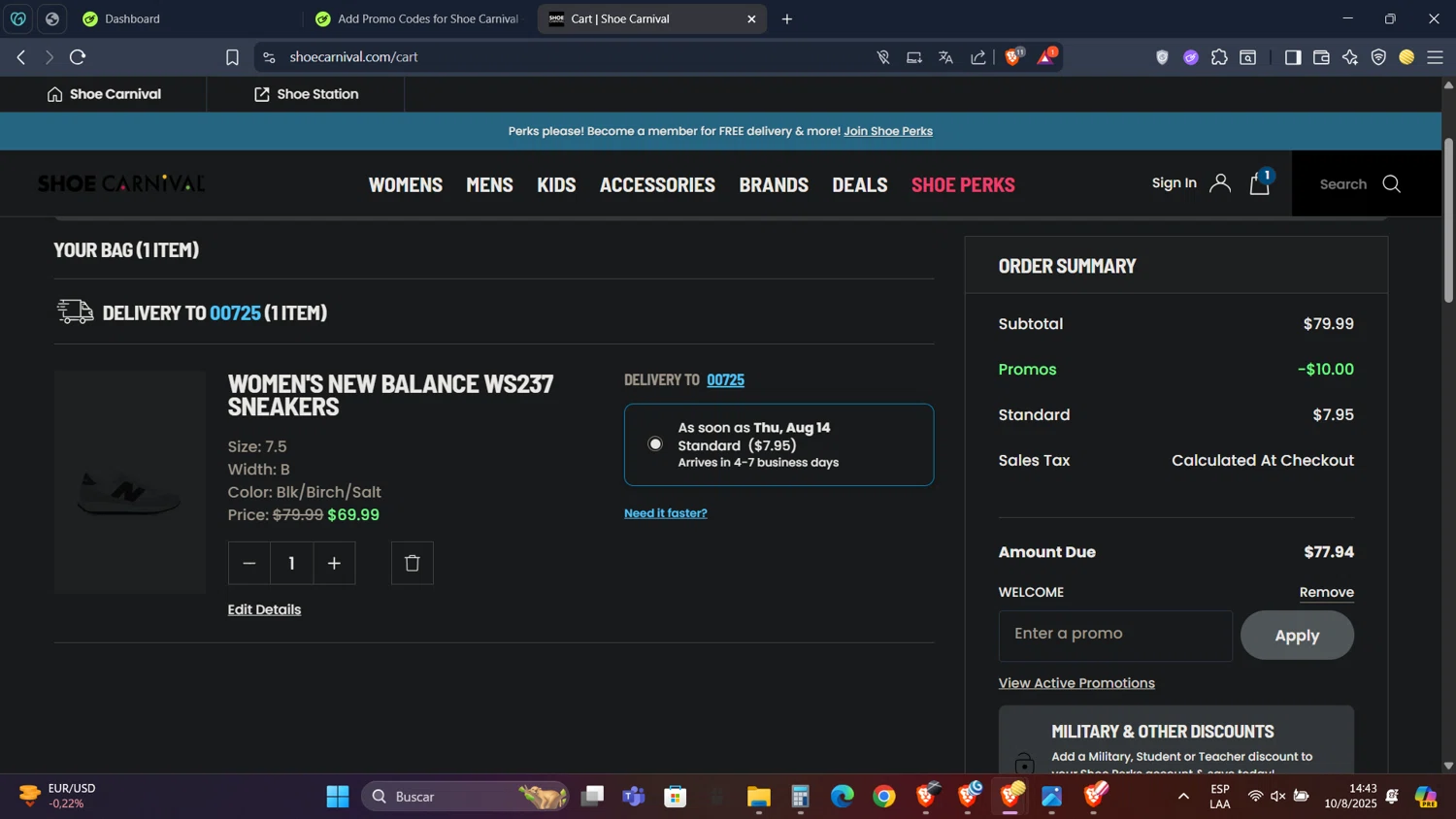 Shoe Carnival promo code screenshot showing code WELCOME applied at Shoe Carnival checkout page. Uploaded by SimplyCodes community member PennyScholar593 on Aug 10, 2025