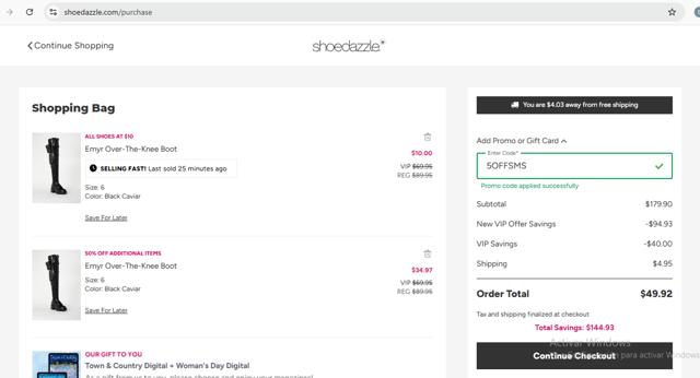 Shoedazzle checkout page showing Shoedazzle promo code box | Screenshot taken by SimplyCodes community member on Nov 12, 2024