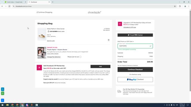 Shoedazzle checkout page showing Shoedazzle promo code box | Screenshot taken by SimplyCodes community member on Mar 16, 2025
