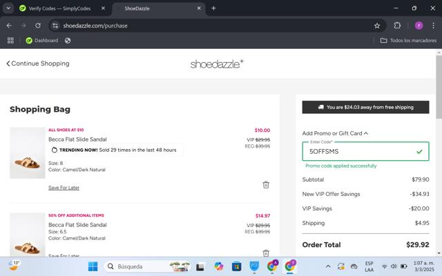 Shoedazzle checkout page showing Shoedazzle promo code box | Screenshot taken by SimplyCodes community member on Mar 3, 2025